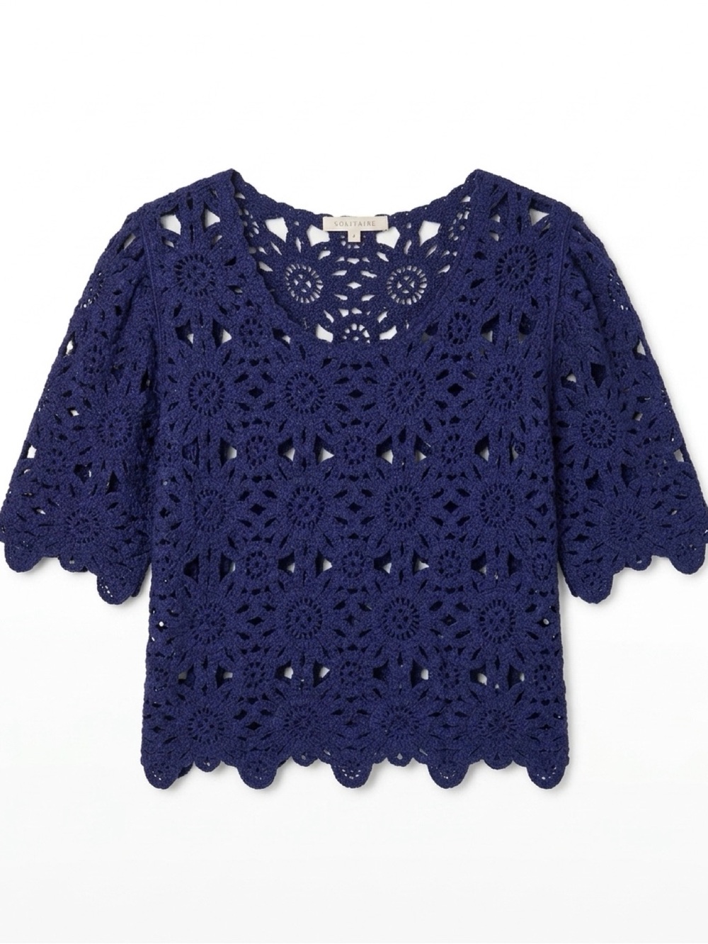 Solitaire Crochet Navy Blue Women's SS Top Size Small